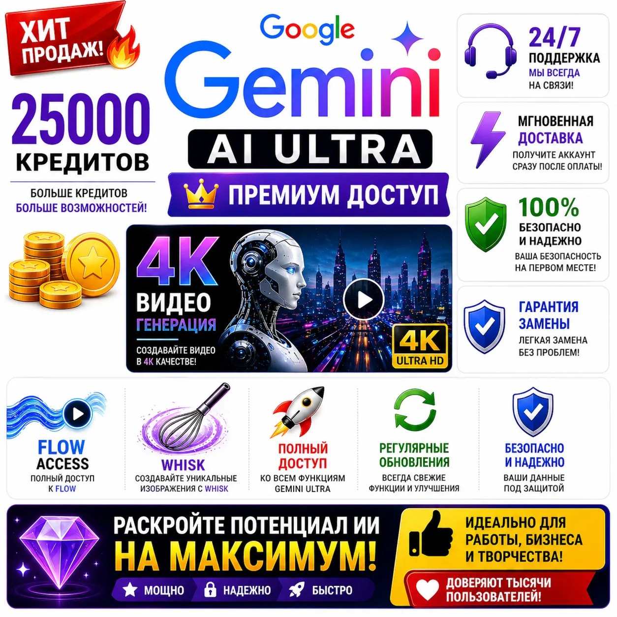 Gemini AI Ultra | 25k  Credits |4K| Flow + Whisk | Full Access | Instant Delivery