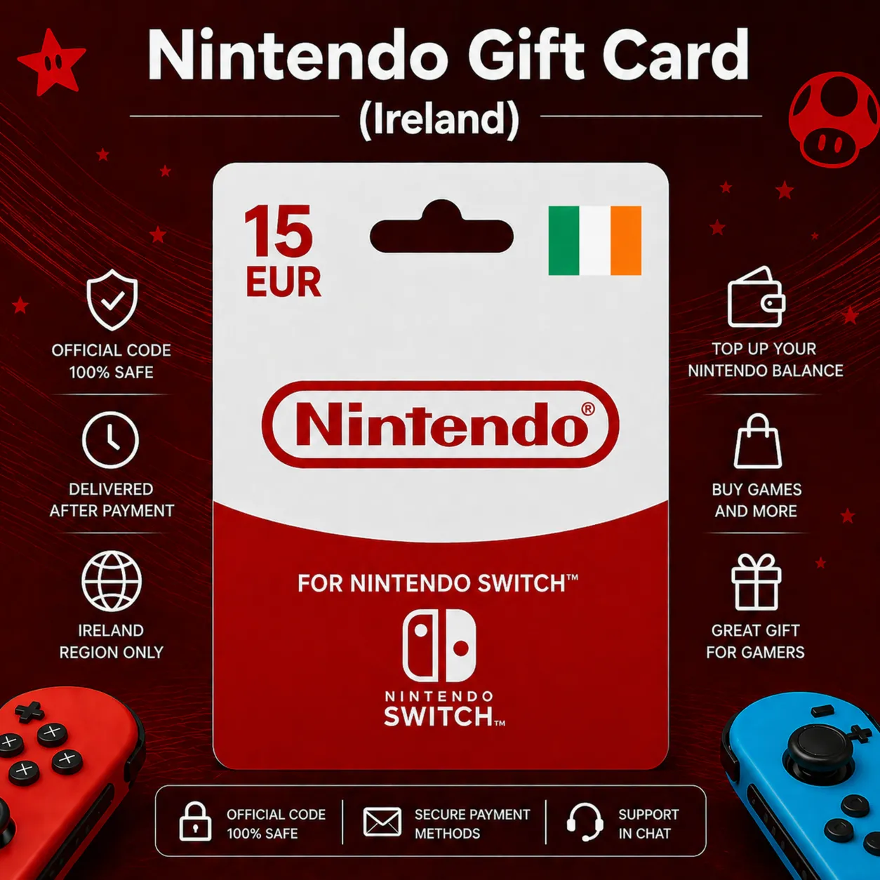 Nintendo Gift Card (Ирландия) 15–100 EUR | Код пополнения Nintendo
