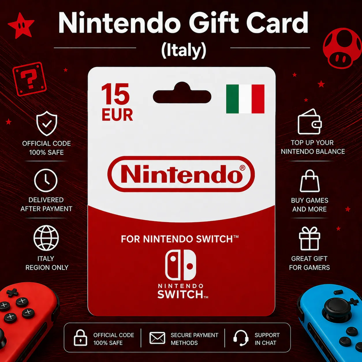 Nintendo Gift Card (Италия) 15–100 EUR | Код пополнения Nintendo
