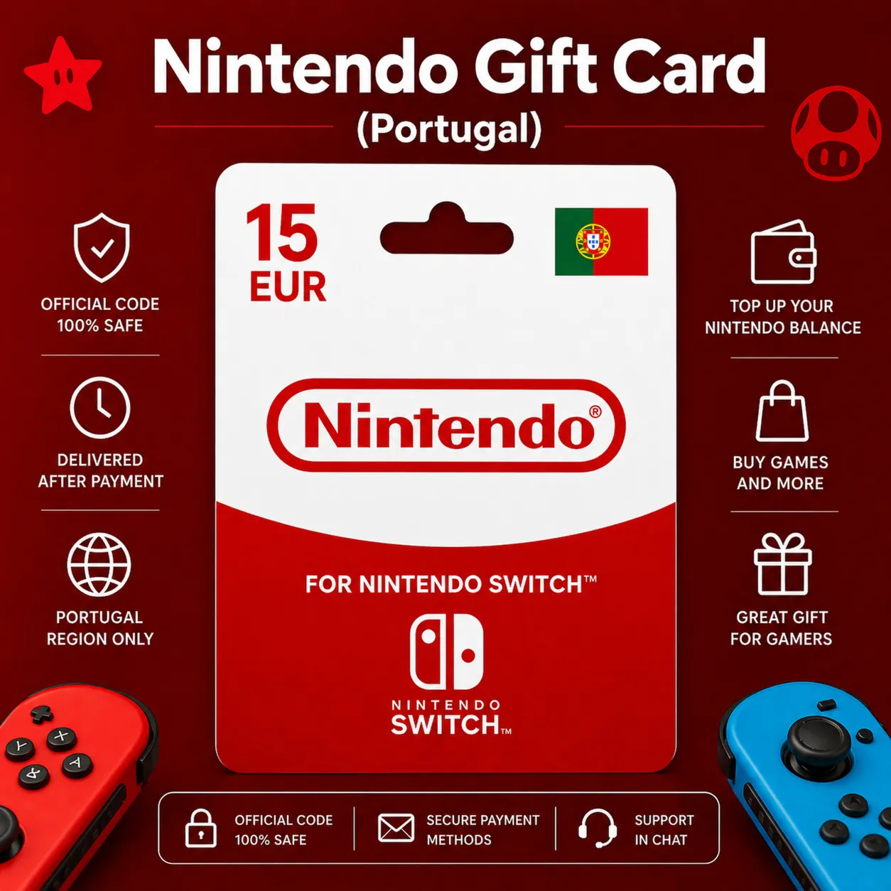 Nintendo Gift Card (Португалия) 15–75 EUR | Код пополнения Nintendo