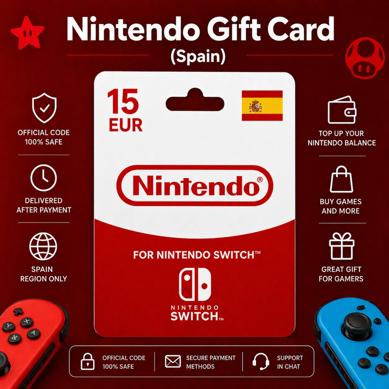 Nintendo Gift Card (Испания) 15–100 EUR | Код пополнения Nintendo