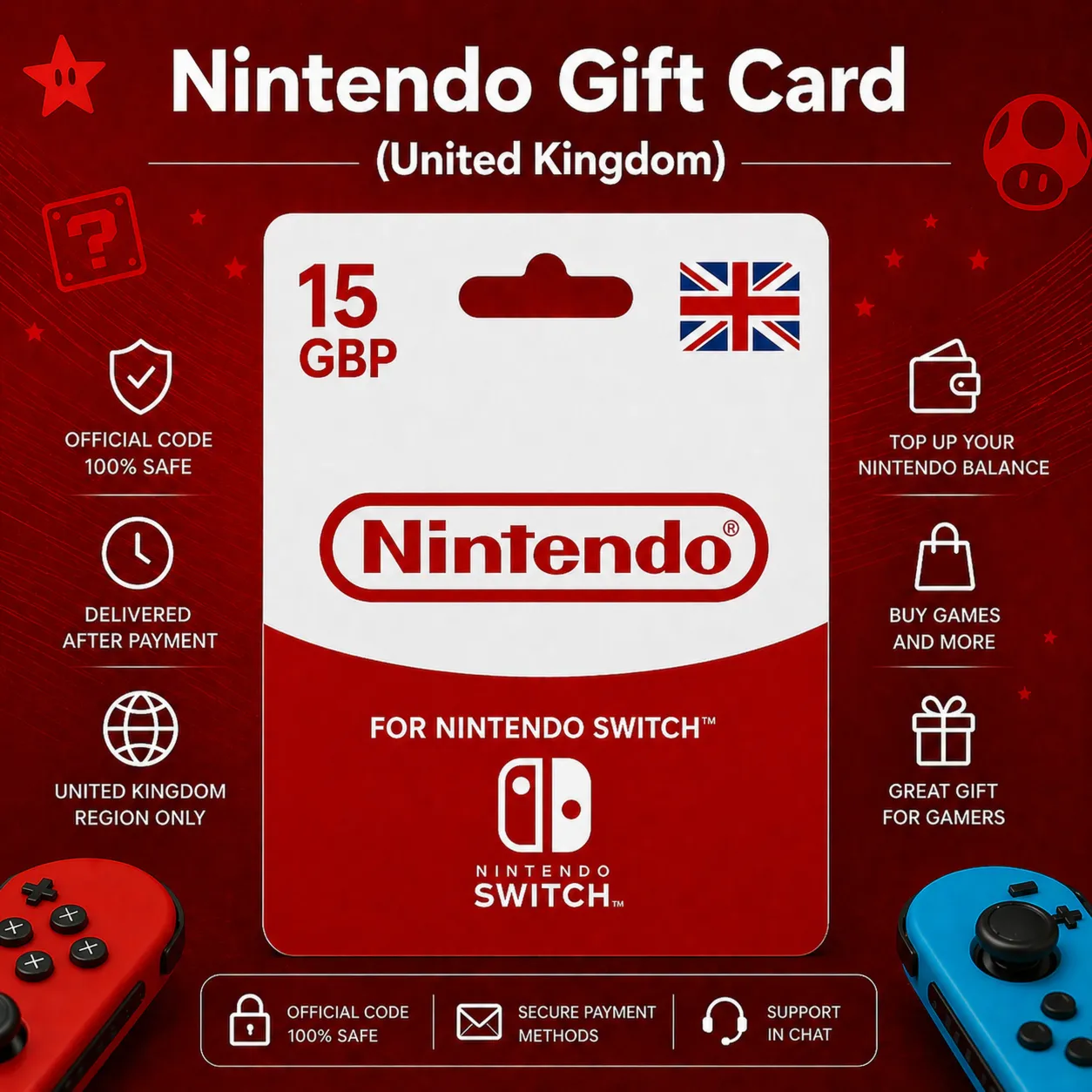 Nintendo Gift Card (Великобритания) 15–100 GBP | Код пополнения Nintendo