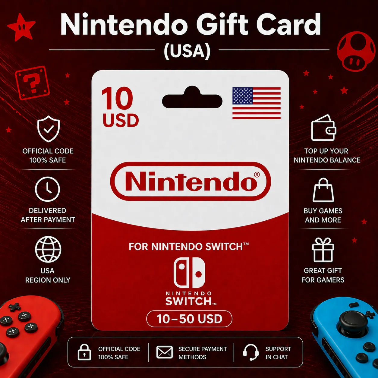 Nintendo Gift Card (США) 10–50 USD | Код пополнения Nintendo