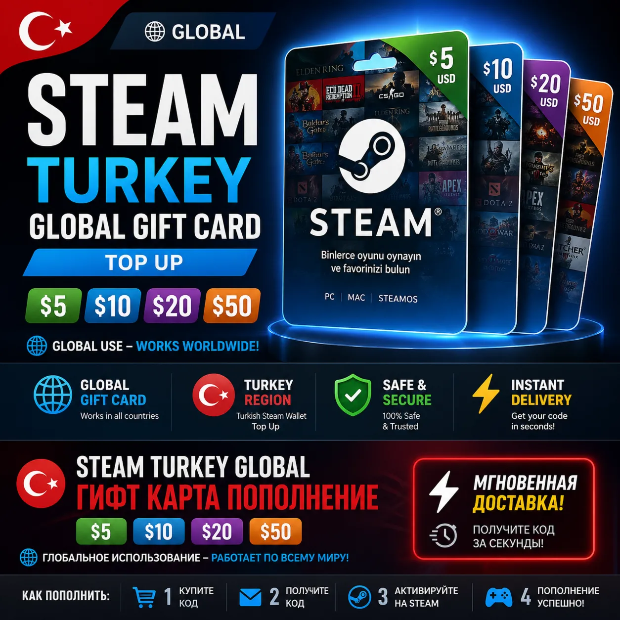 STEAM TURKEY GLOBAL GIFT CARD TOP UP USD 5/10/20/100 - INSTANT DELIVERY!