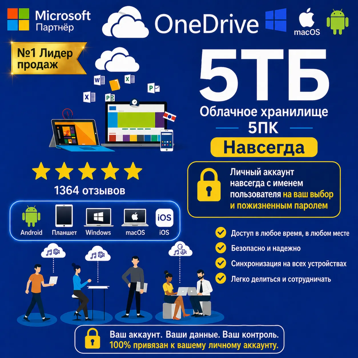OneDrive 5ТБ Пожизненная | 5ПК | частная учетная запись. Работает на всех устройстваx