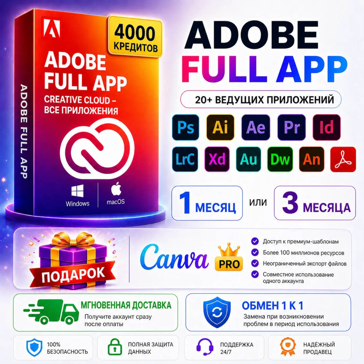 Adobe Creative Cloud PRO — 4000 Credits +  FREE Canva Pro Team 1M | FULL ACCESS