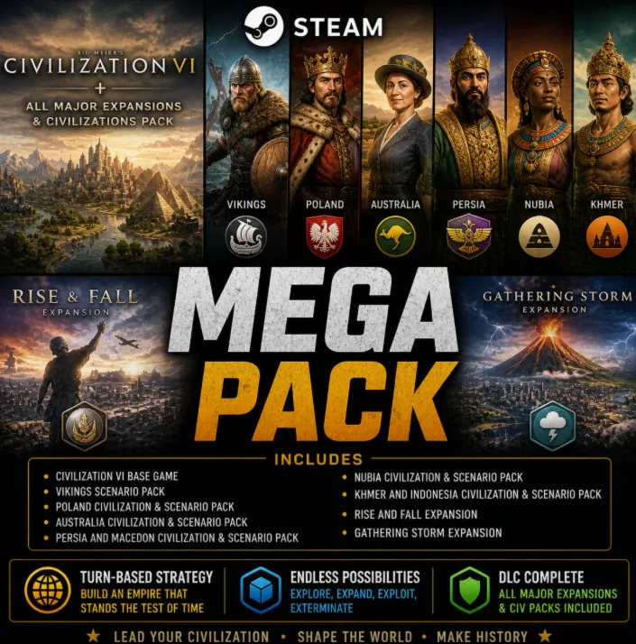 Civilization VI + Rise and Fall,Gathering Storm + Packs/ Steam /Offline / No Queue