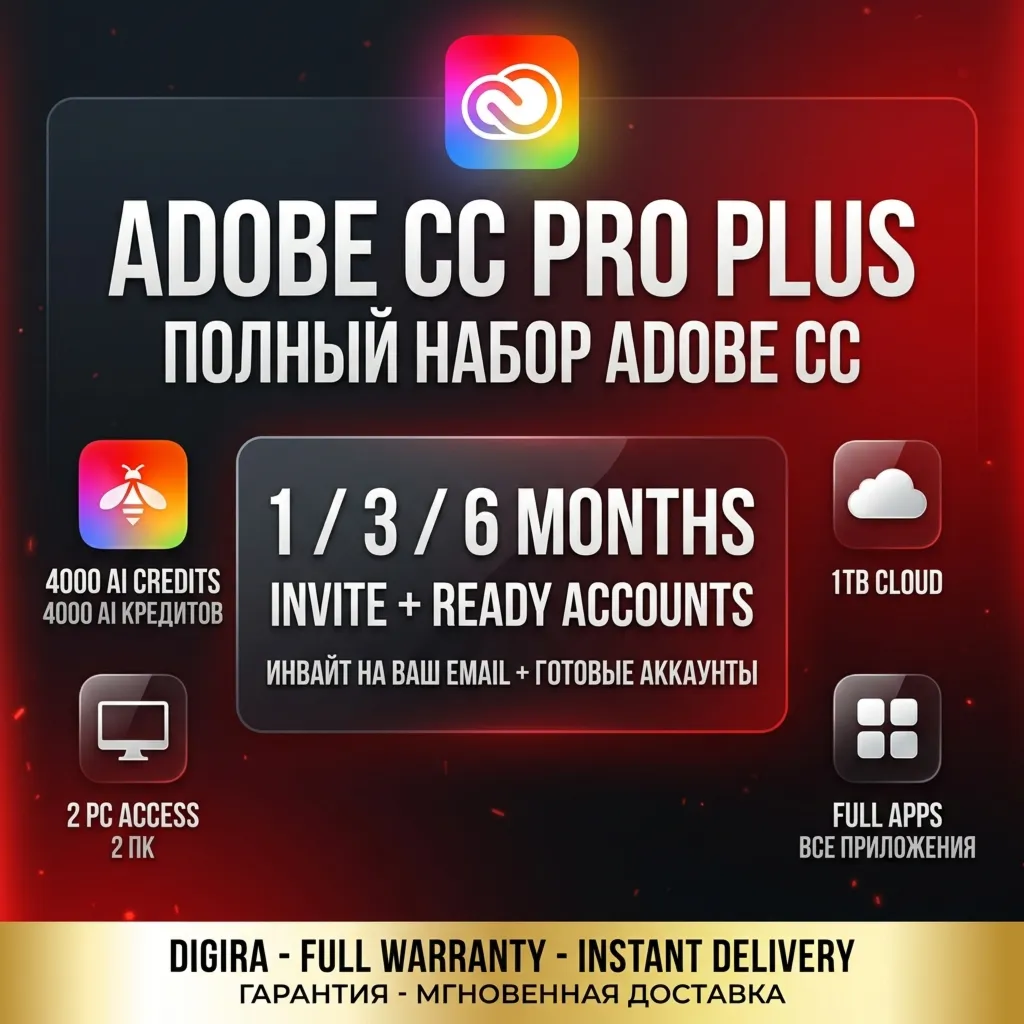 Adobe CC Pro Plus | 1–6М Тарифы | Firefly AI 4000 Кредитов, 1ТБ Облако, 2 Устройства