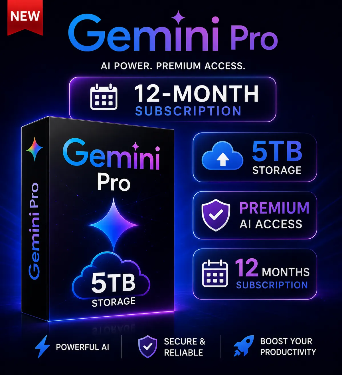 Gemini AI 5TB Storage 12-Month Plan | Advanced Access &amp; 1K Credits Family Invitations
