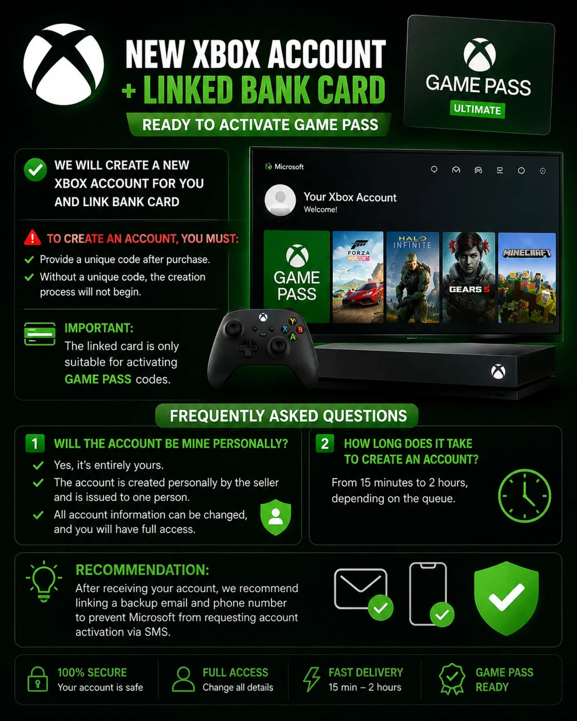 Новая учетная запись Xbox + активационная карта для активации Game Pass.