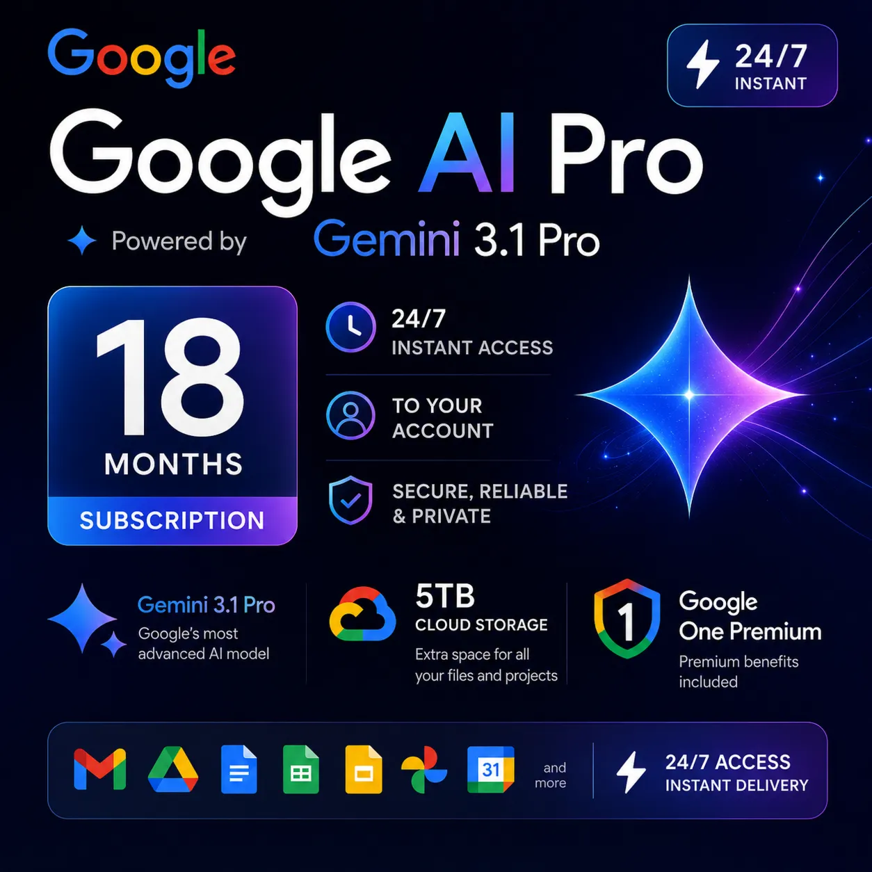 24/7 | Instant | TO YOUR ACCOUNT | Google AI Pro (18 months) | Gemini 3.1 Pro, 5TB