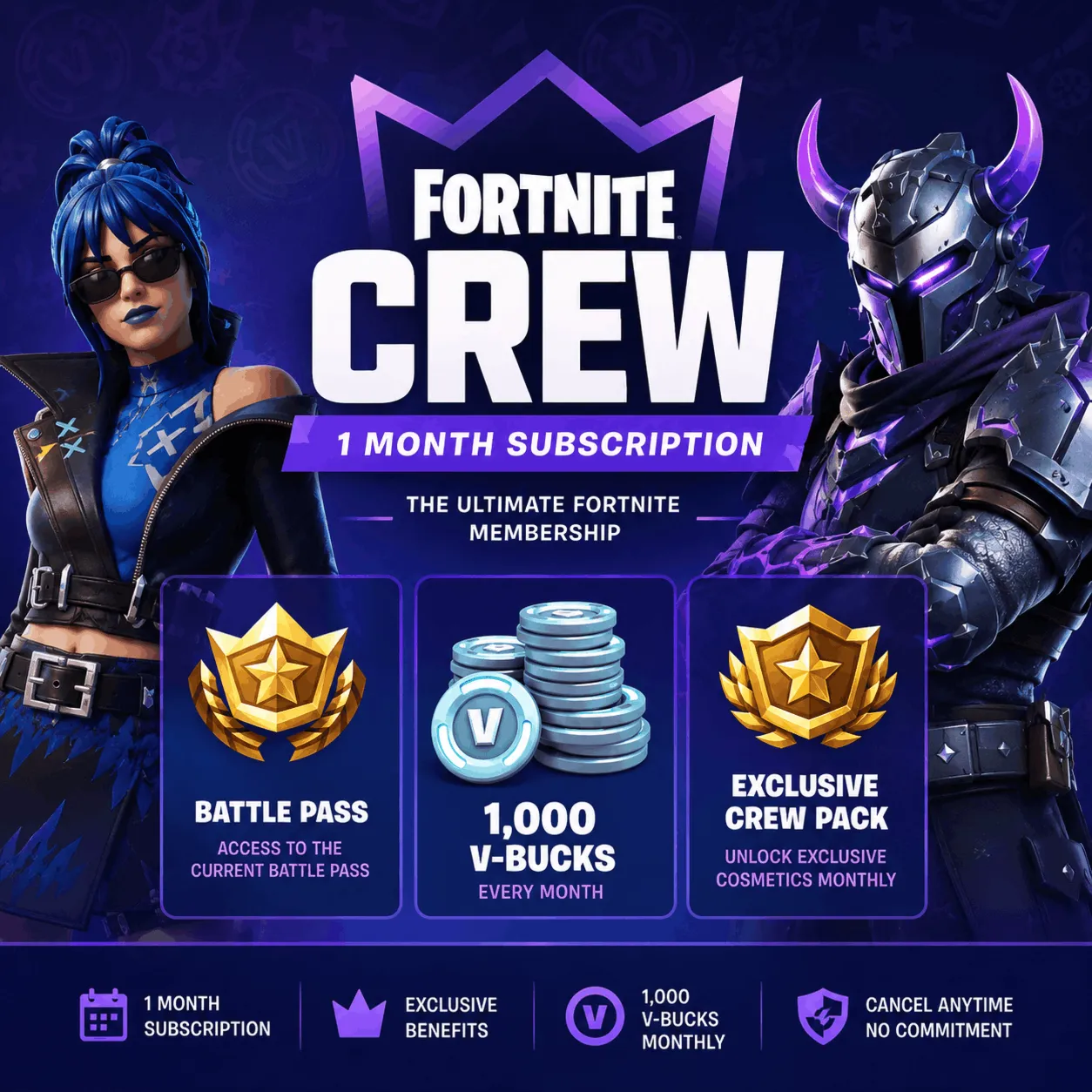 Fortnite Crew – подписка на 1 месяц | Боевой пропуск + 1000 V-баксов