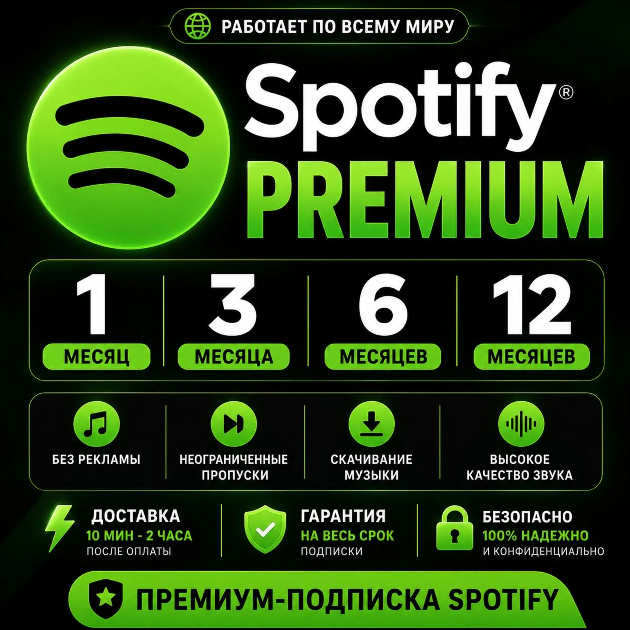 Подписка Spotify Premium (глобальная) | Мгновенная доставка | 1 / 3 / 6 / 12 месяцев