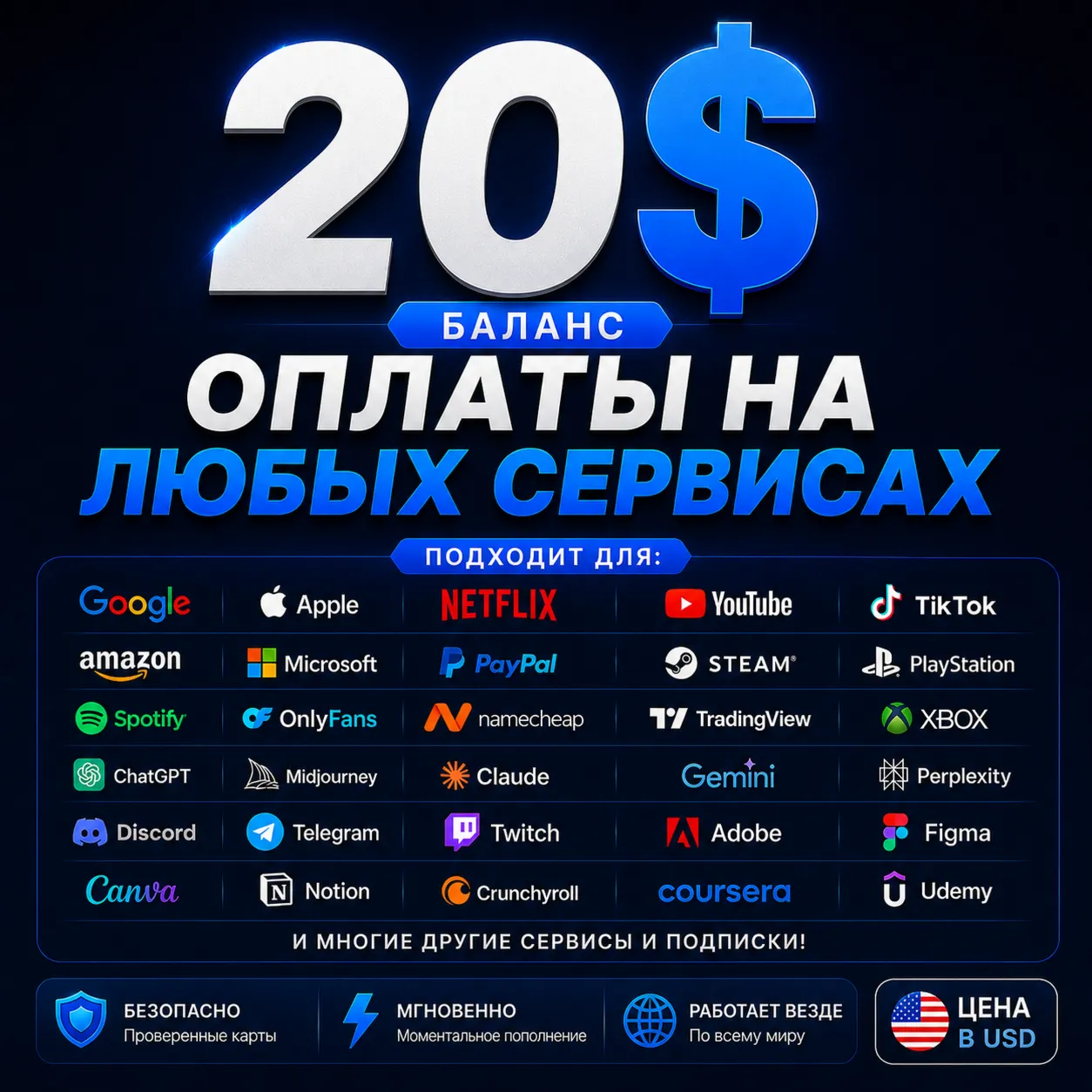 20$ US Card for Google Play, Apple Pay, Games &amp; Online Services