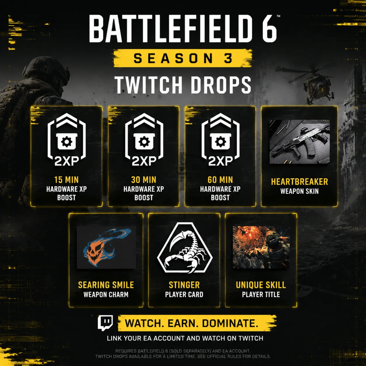 Battlefield 6 Сезон 3: 7/7 Heartbreaker Searing Smile Stinger, 、Twitch Drop