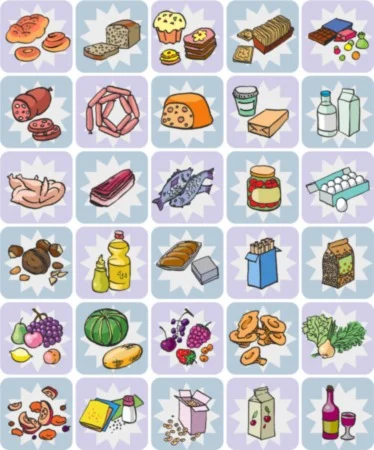 Рисованные от руки иконки разнообразных продуктов