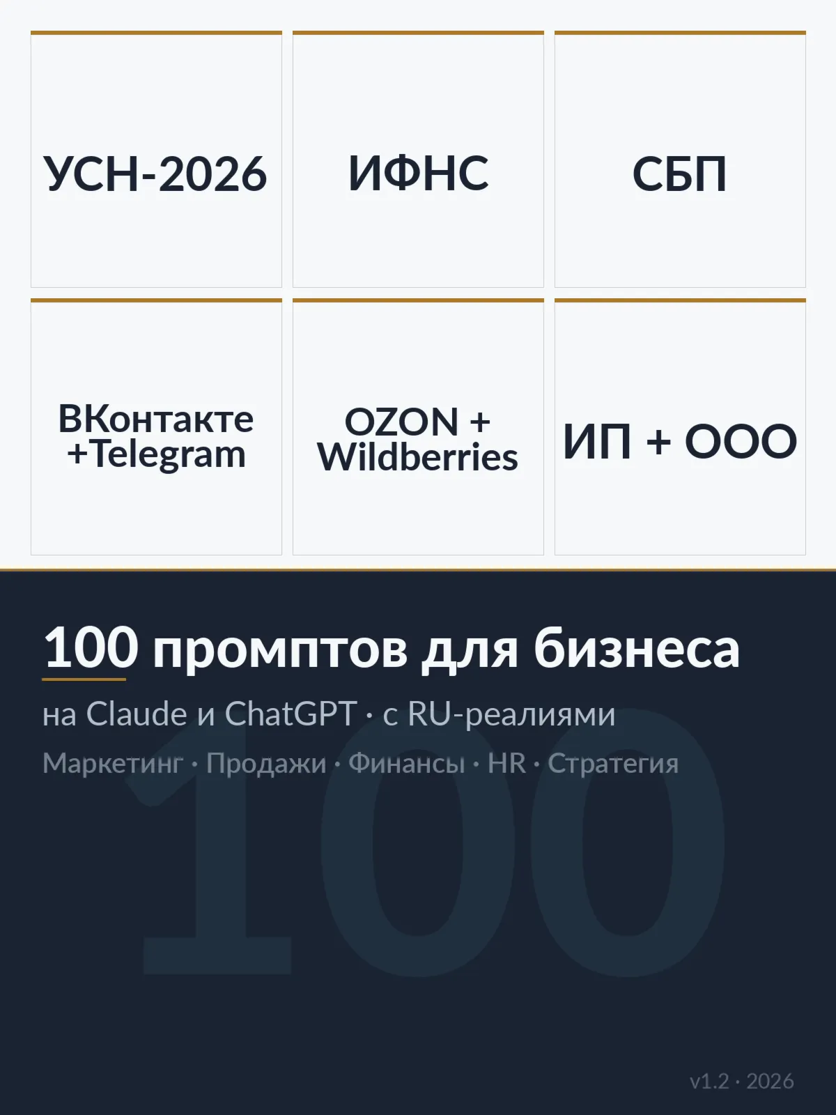 Промпты для бизнеса 2026 · 100 шаблонов под Claude и ChatGPT · с RU-реалиями