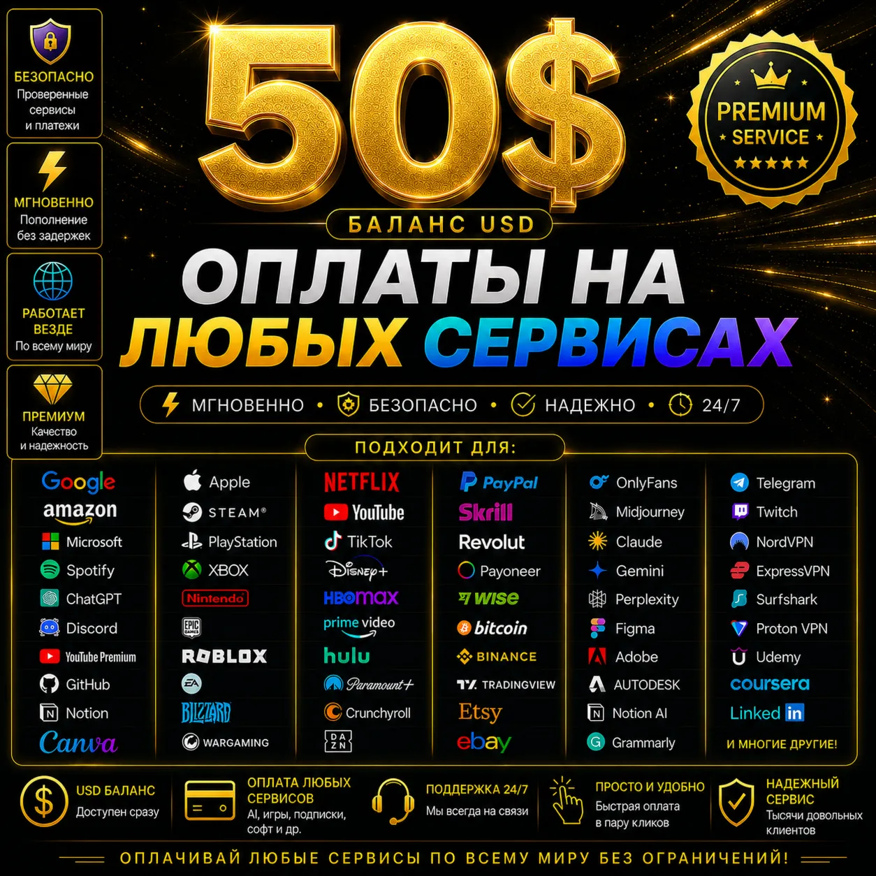 50$ US Card for Google Play, Apple Pay, Games &amp; Online Services