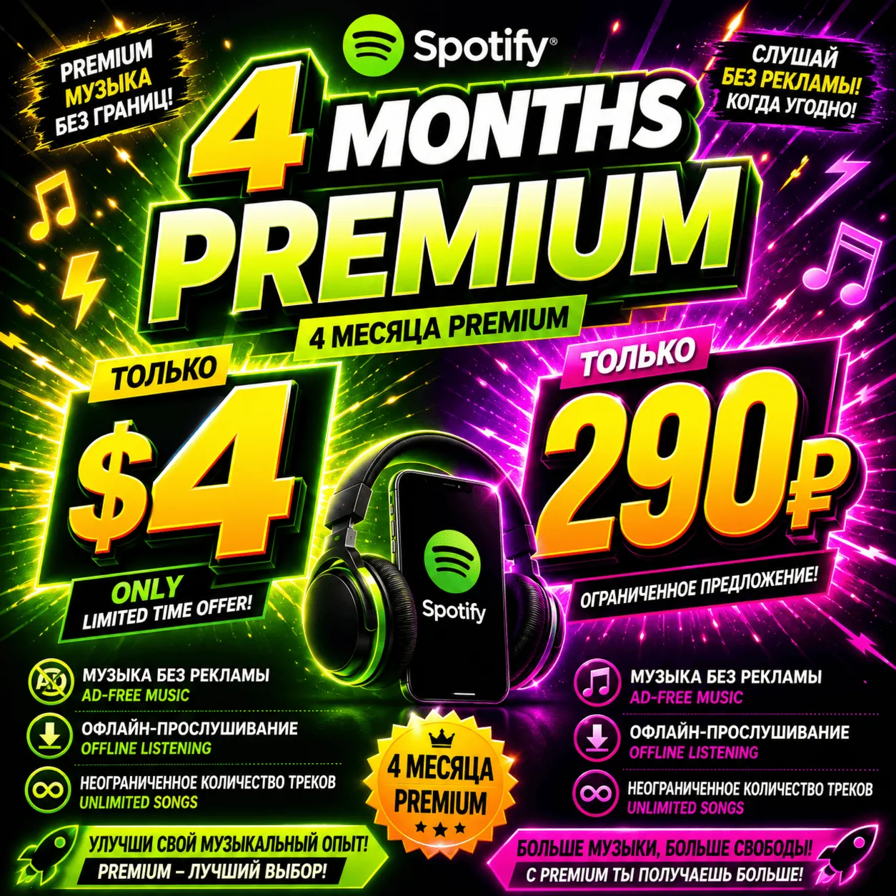SPOTIFY PREMIUM – 4 МЕСЯЦ + ГАРАНТИЯ  | РАБОТЫ В РОССИИ | БЫСТРЫЙ