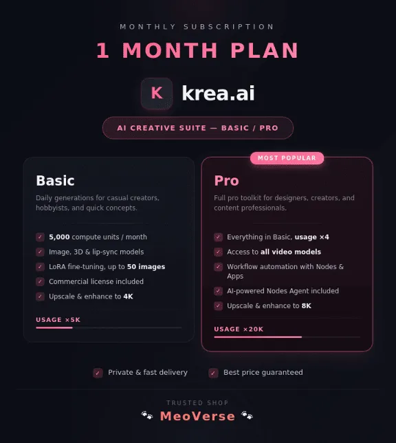 ✅ Krea AI Basic, Pro Plan 1 Month 🔒 Full Warranty ⚡Private a