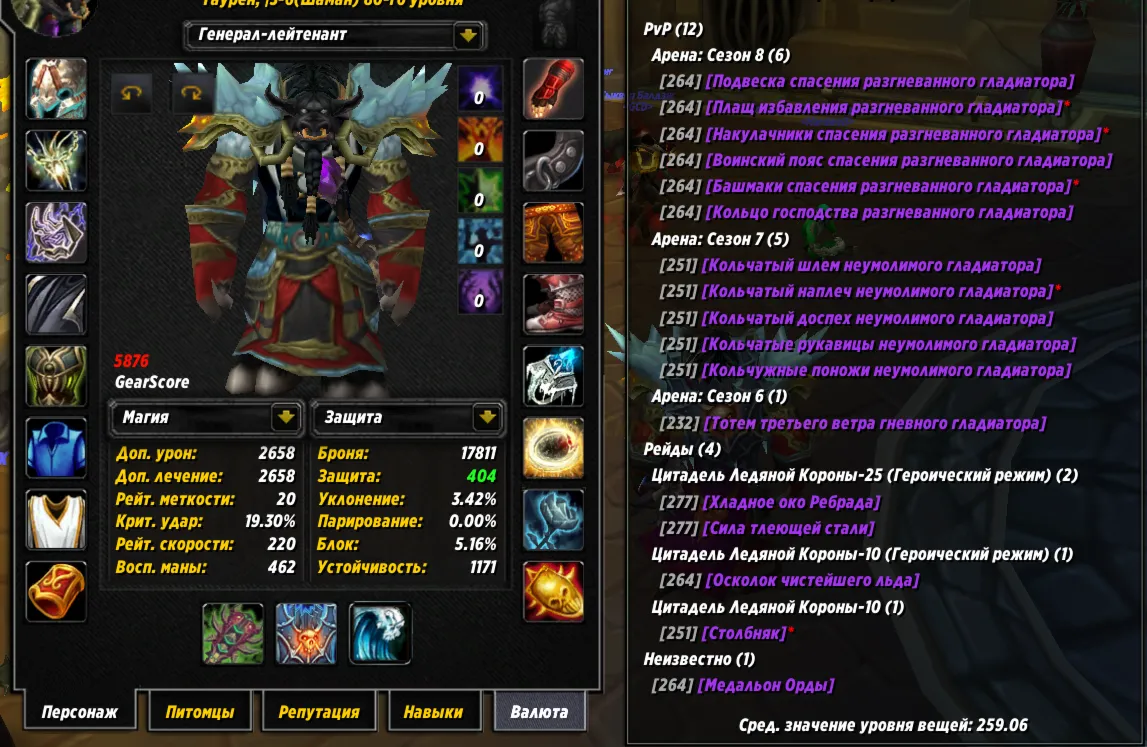 №391 х100 Орда. Шаман 5876гс PvP хил, 5754гс PvE хил