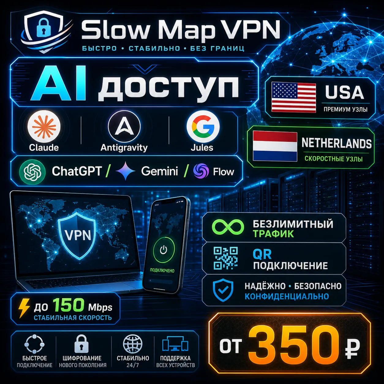 🌷 VPN Нидерланды VLESS — премиум скорость, безлимит, 25 Гбит/с
