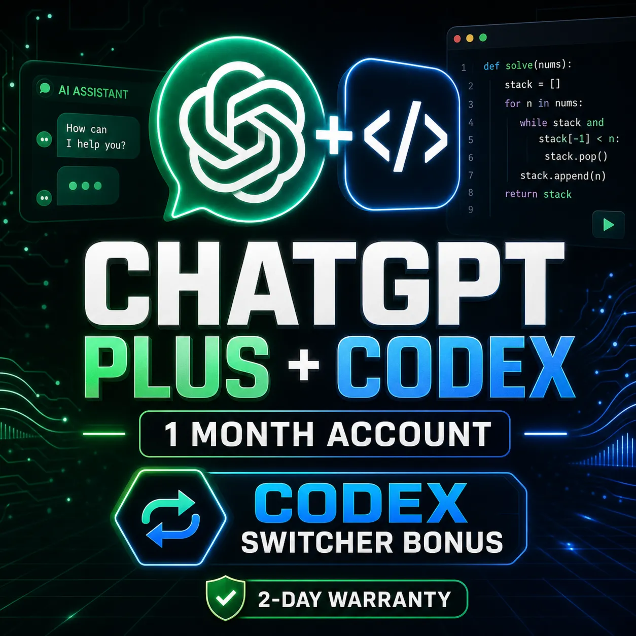 ChatGPT Plus + Codex на 1 месяц | Аккаунт с подпиской + бонус Codex Switcher