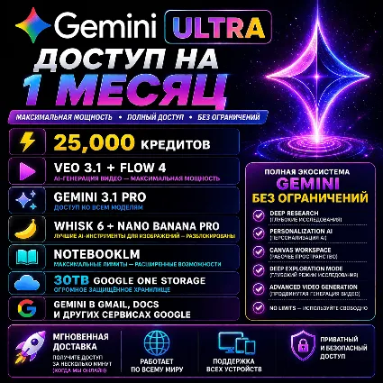 Google AI Ultra — Доступ на 1 месяц | Veo 3.1 • Gemini 3 • Nano Banana Pro