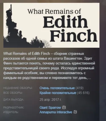 What Remains of Edith Finch АВТОДОСТАВКА STEAM РОССИЯ