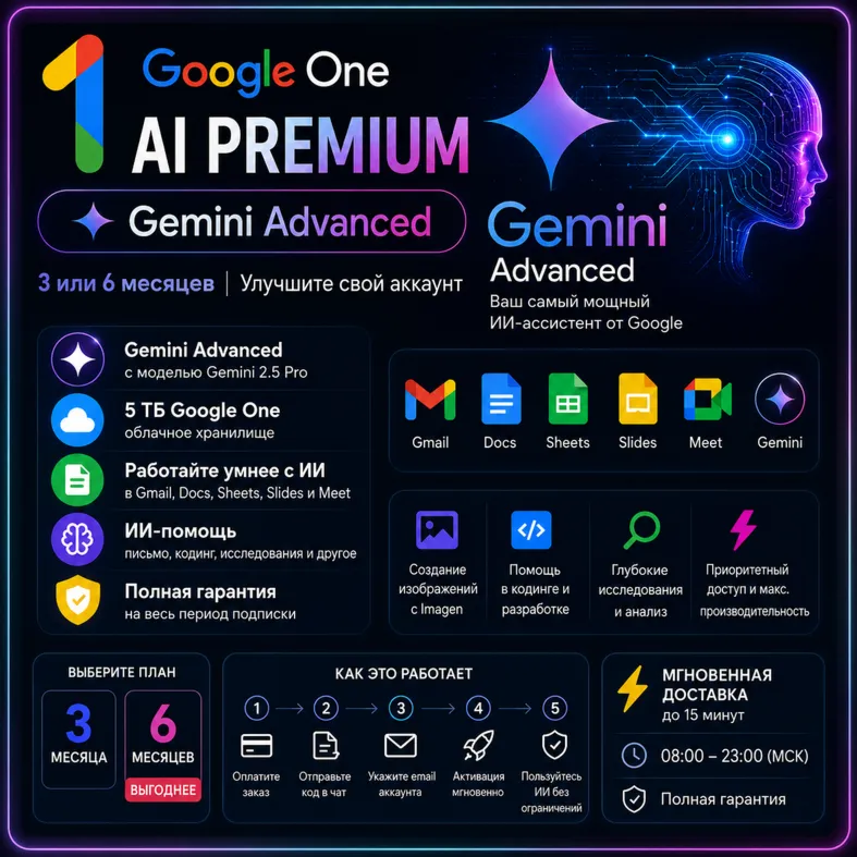 Google One AI Premium — Gemini Advanced | Апгрейд на 3/6 месяцев | Быстрая доставка
