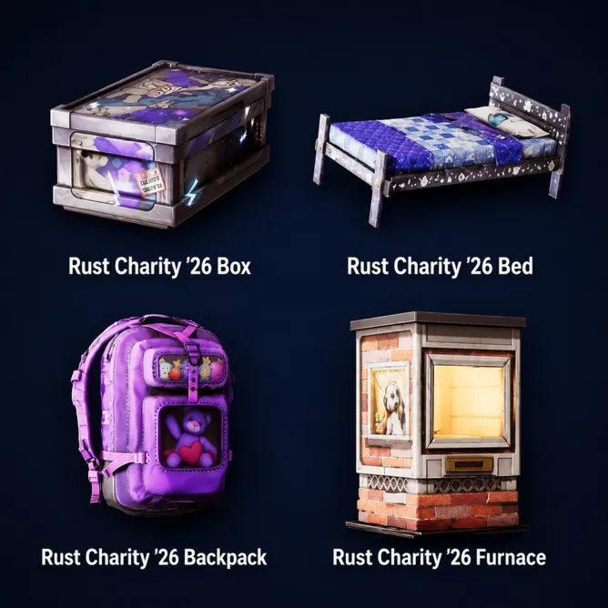 Rust 4/4  Rust Charity ’26 Box, кровать ’26, рюкзак ’26, печь ’26 | Twitch Drop