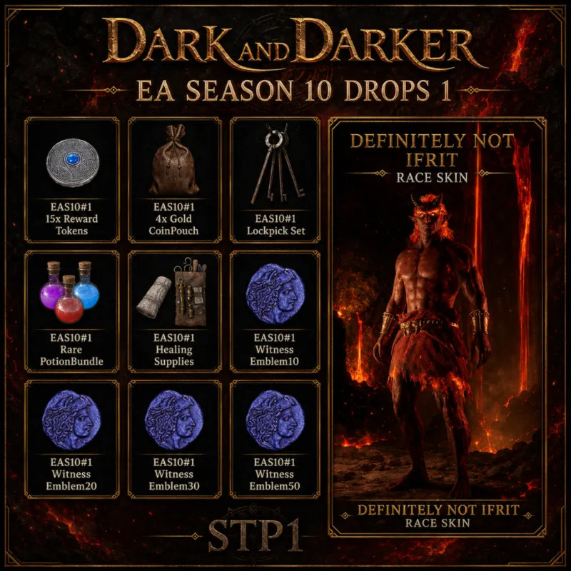 Dark and Darker 399 EA Season 10 Drops 1+2 Mystic Campfire, скин Not Ifrit, Gold