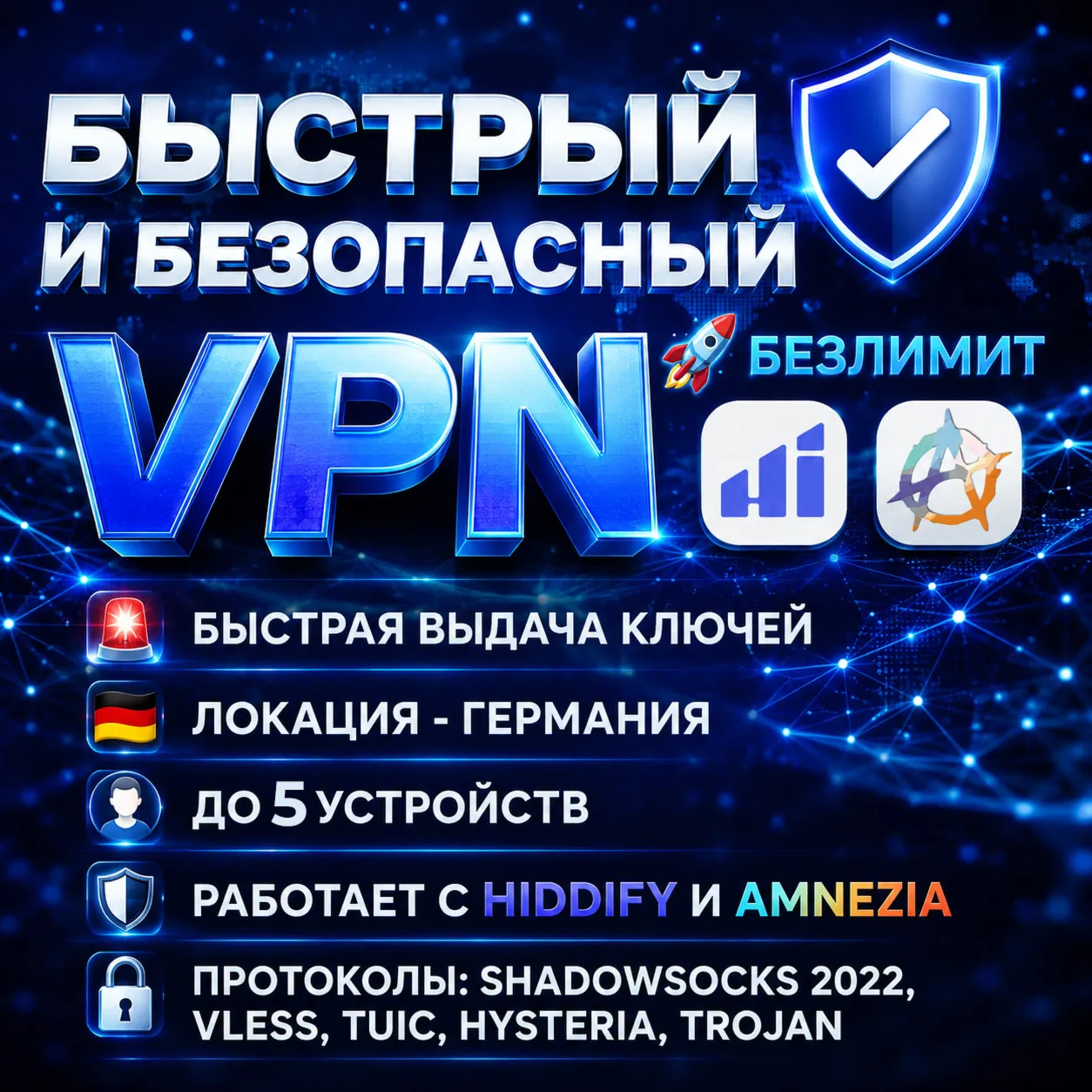 Hiddify, Amnezia VPN | Германия | Безлимит | до 6 мес