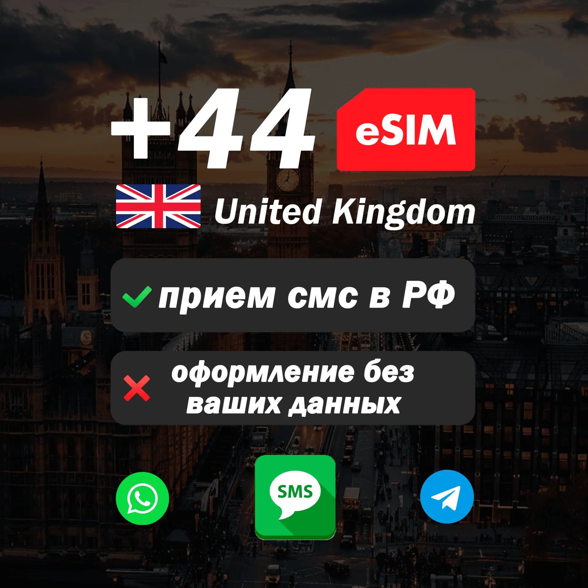 Вечная иностранная esim с номером (+44) для смс и регистрации в России