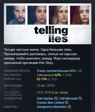 Telling Lies АВТОДОСТАВКА STEAM РОССИЯ ЛИЦЕНЗИЯ