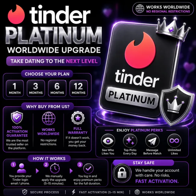 Обновление до Tinder Platinum — от 1 до 12 месяцев — Весь мир — 100% гарантия