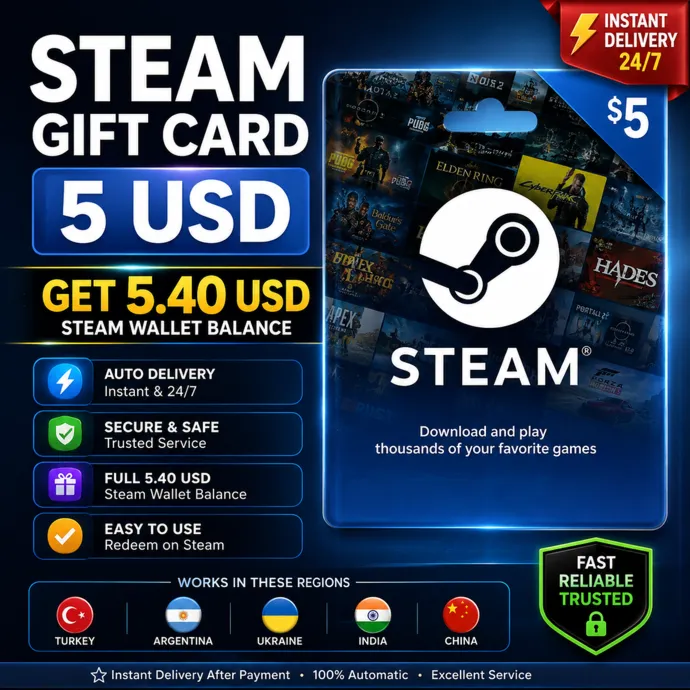 Steam Gift Card 5 USD Auto | Get 5.40 USD | Turkey /Argentina/ Ukraine/ India/China