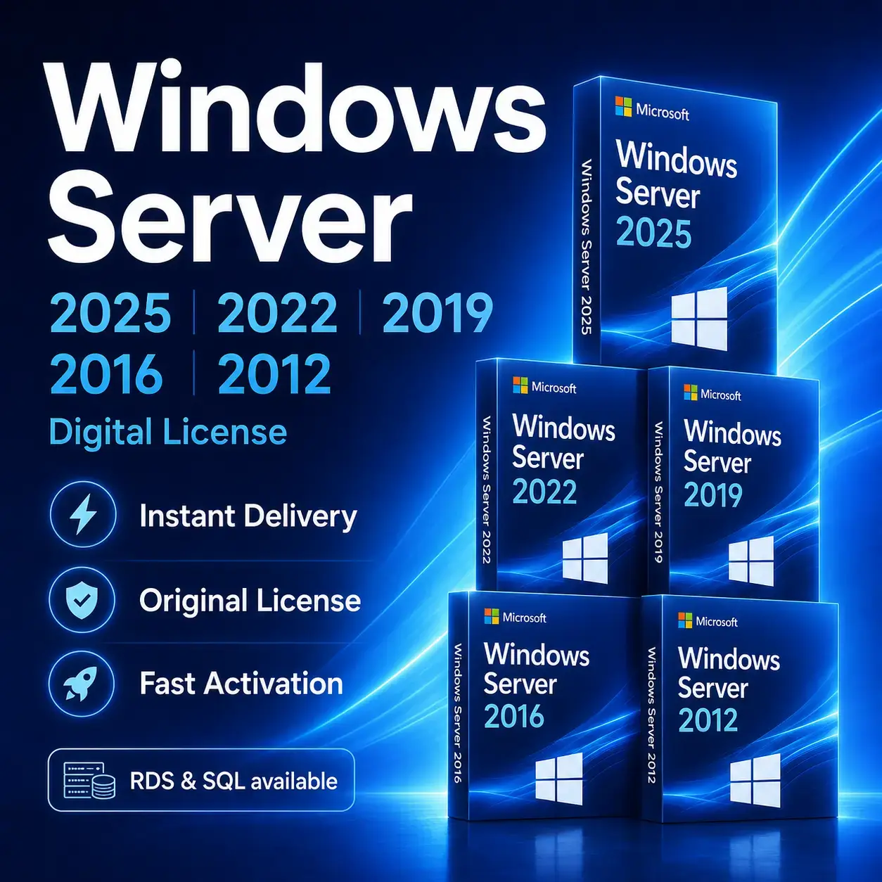 Windows Server 2025/2022/2019/2016/2012, Windows RDS 50 PC/50 USER, Windows SQL