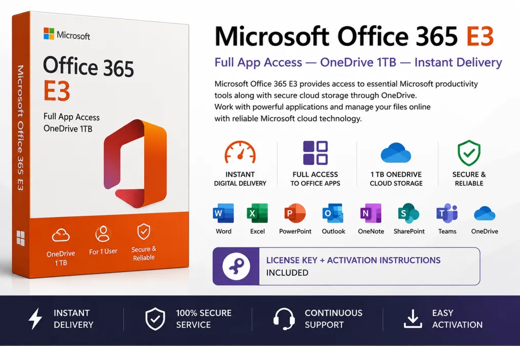Microsoft Office 365 E3 — Полный доступ к приложениям — OneDrive 1 ТБ — Мгновенная до
