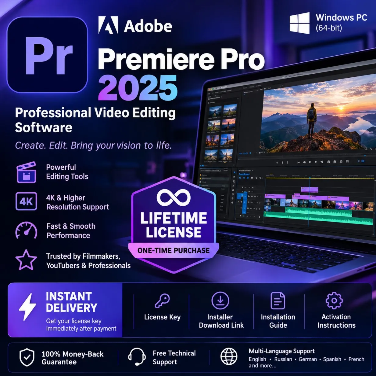 Adobe Premiere Pro 2025 | Профессиональный видеомонтаж | Пожизненная лицензия | Windo