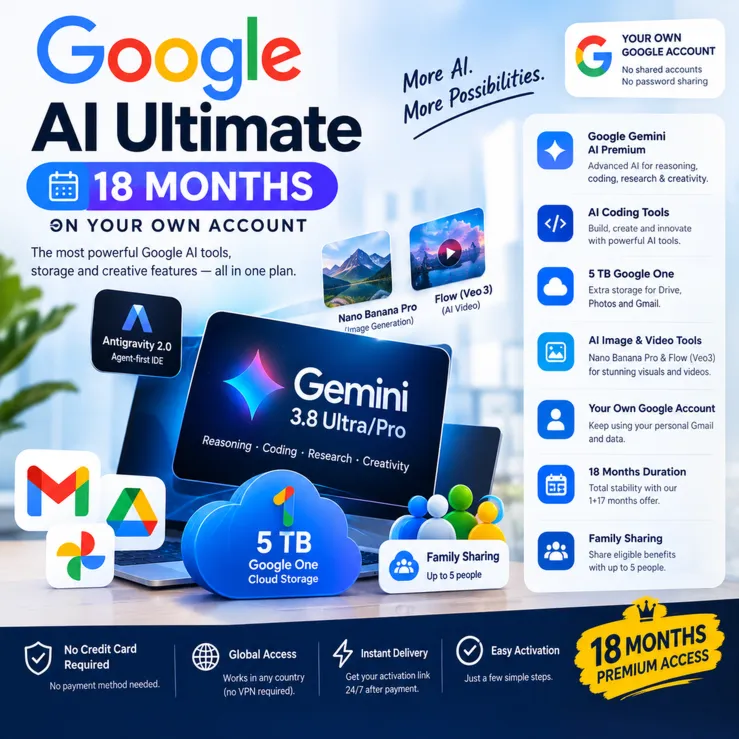 Google Antigravity 2.0|Gemini 3.8 PRO/ULTRA|5TB Storage|Nano Banana Pro|Flow|18 Month