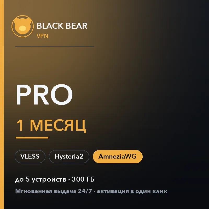 Black Bear VPN Pro 1 месяц AmneziaWG + VLESS + Hysteria2