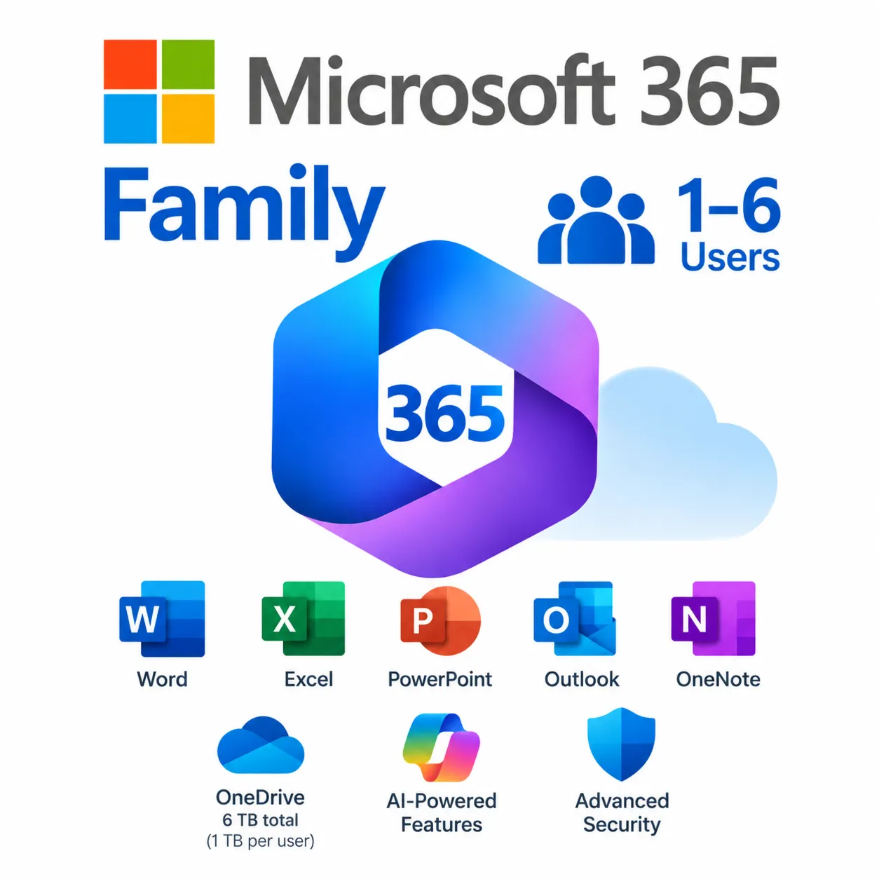 Microsoft 365 для семьи | 1–6 пользователей | Облако | Приложения с ИИ | 12 месяцев