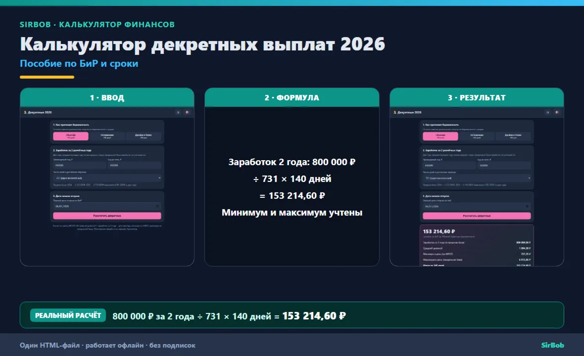 Калькулятор декретных выплат 2026: пособие по БиР и сроки