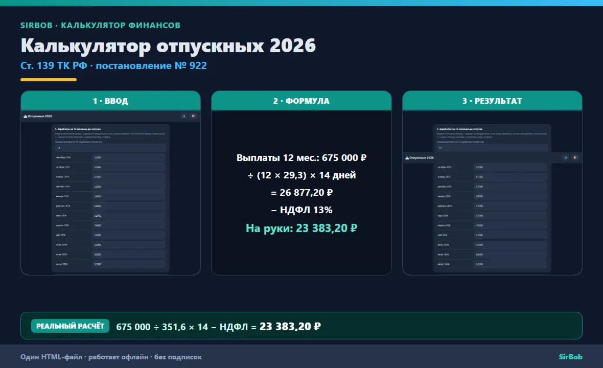 Калькулятор отпускных 2026: расчёт с НДФЛ и стажем