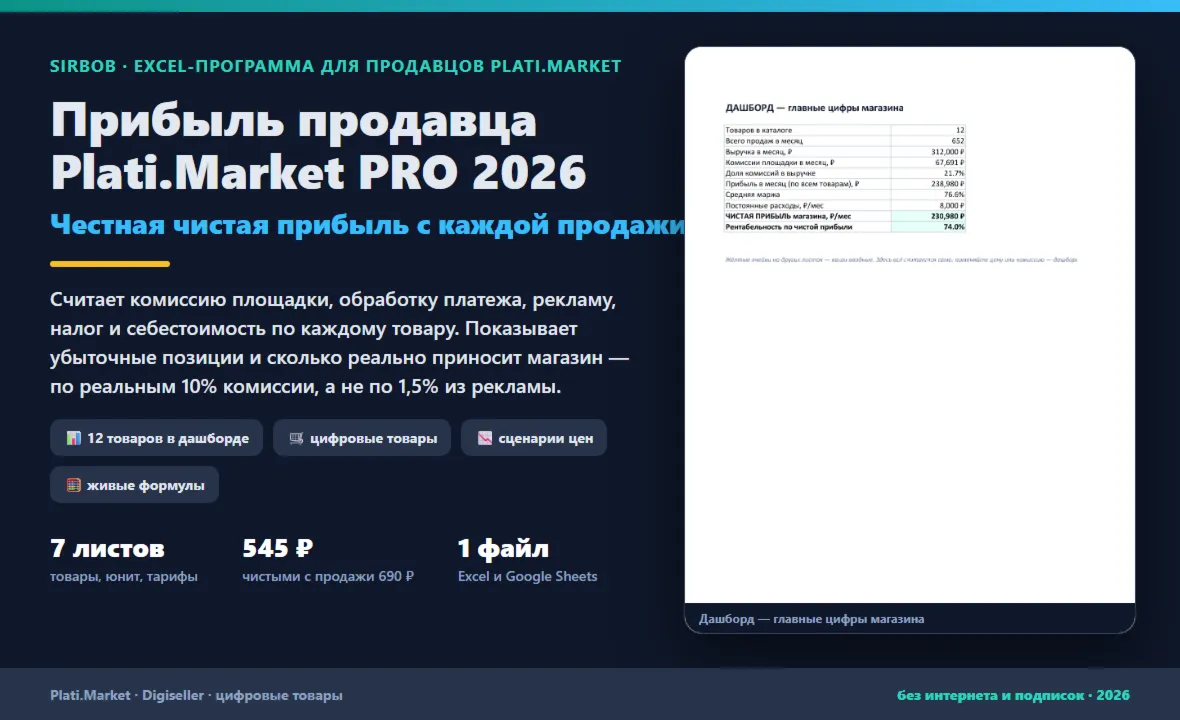 Прибыль продавца Plati.Market PRO 2026: Excel-калькулятор чистой прибыли