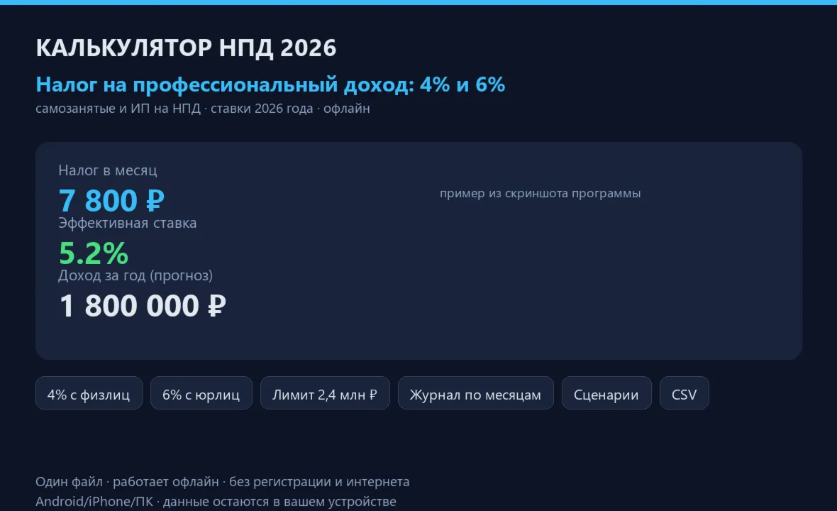 Калькулятор налога на профессиональный доход (НПД) 2026: самозанятый и ИП на НПД