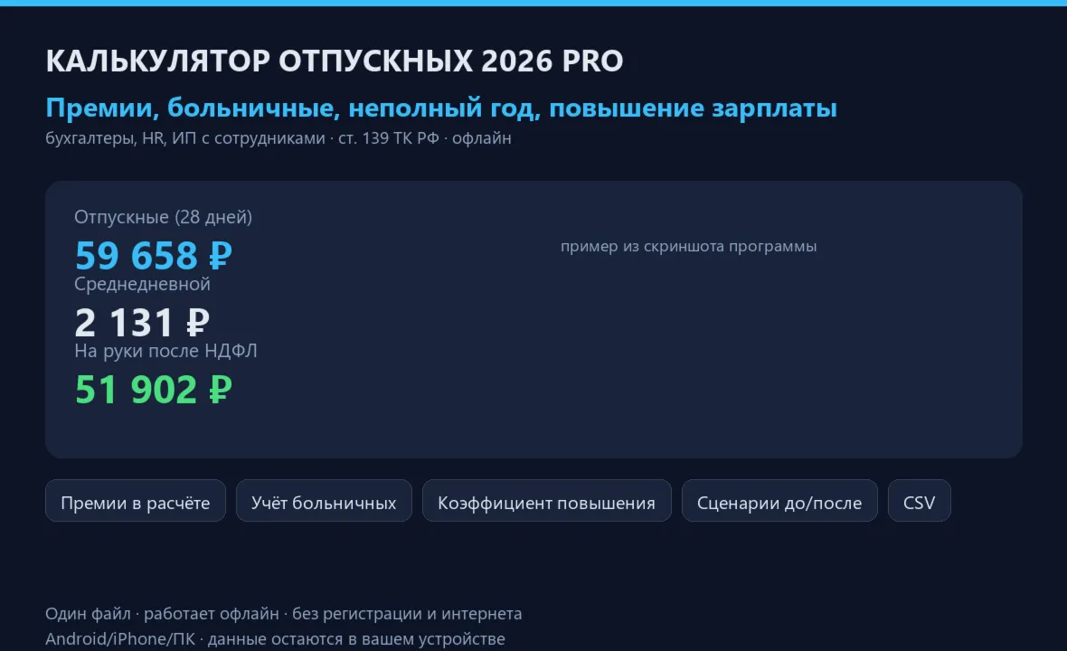 Калькулятор отпускных 2026 PRO: премии, больничные, неполный год