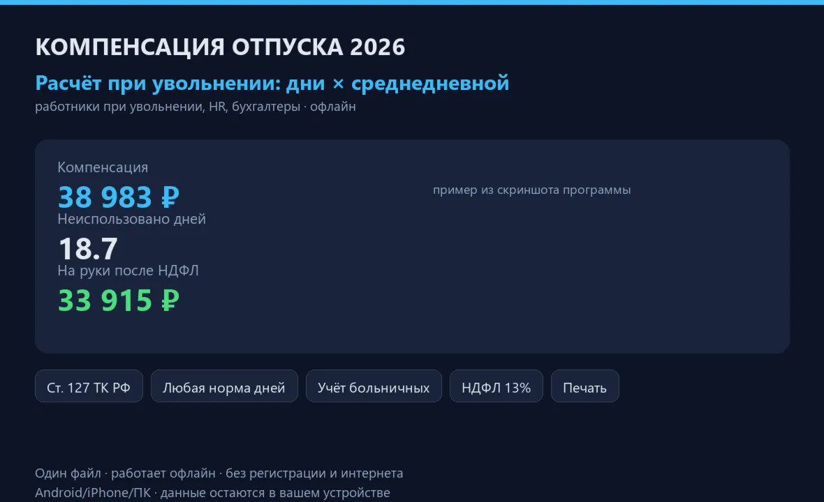 Калькулятор компенсации за неиспользованный отпуск 2026