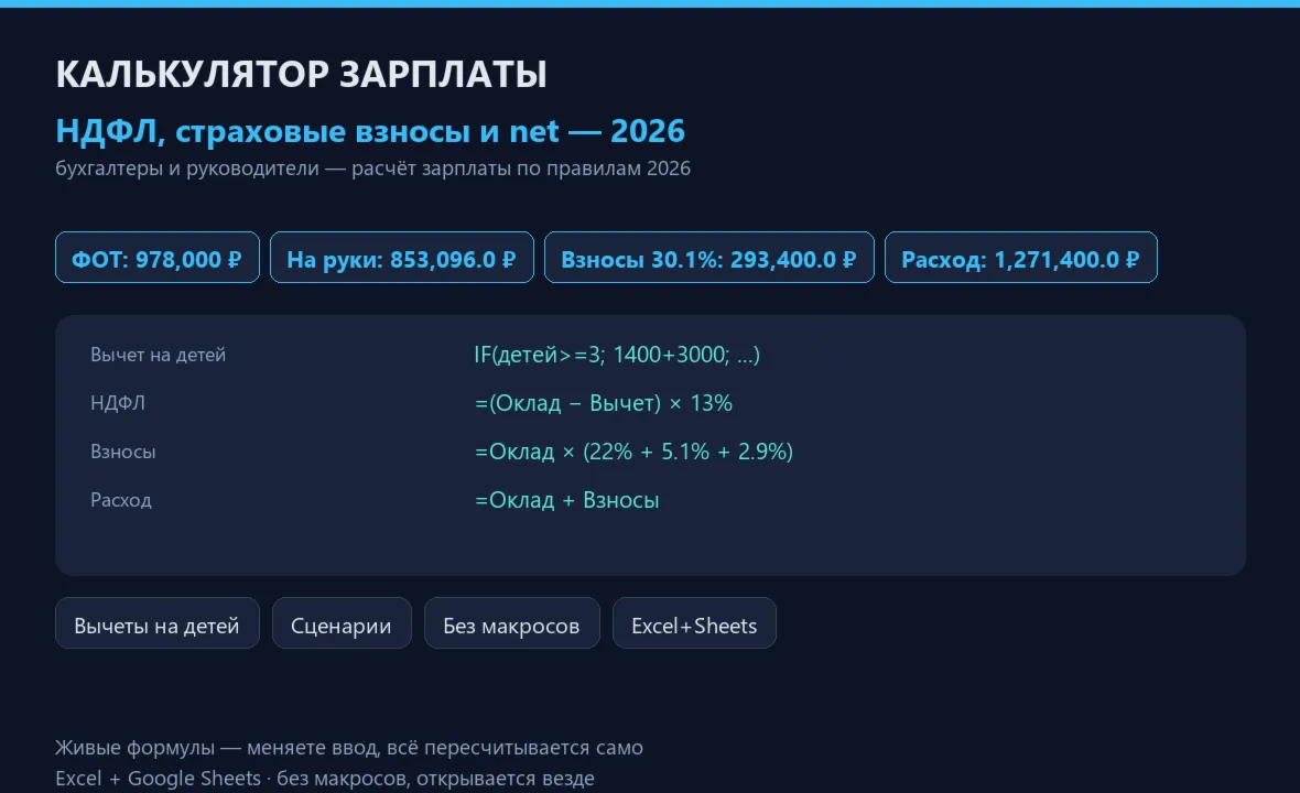 Калькулятор зарплаты 2026: НДФЛ, страховые взносы, net — Excel